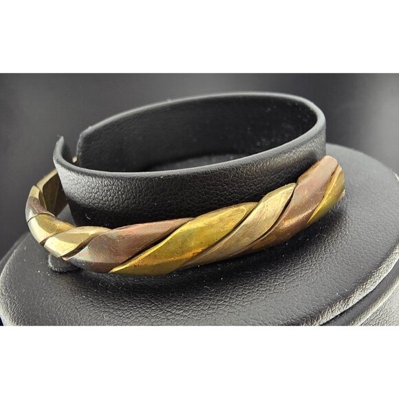 Vintage 3 Color Twisted Brass & Copper Cuff Bracelet 26 grams Adjustable Braided - Picture 2 of 8